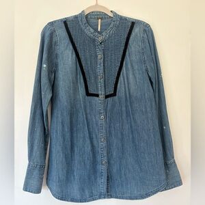 Free People Chambray Denim long sleeve button front shirt with velvet trim